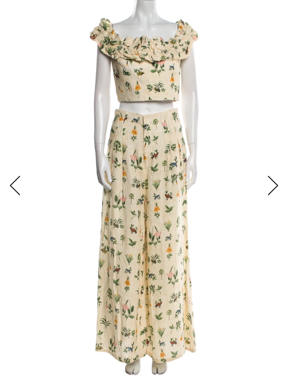 Agua Bendita Cream Floral Ruffle Crop & Wide-Leg Set